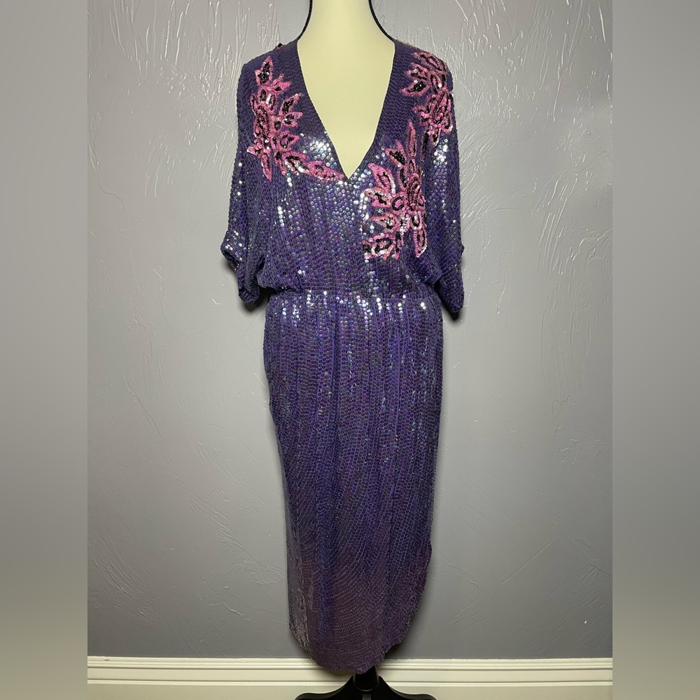 Vintage Silk & Sequins Purple Dress Hand Made - Picture 2 of 14